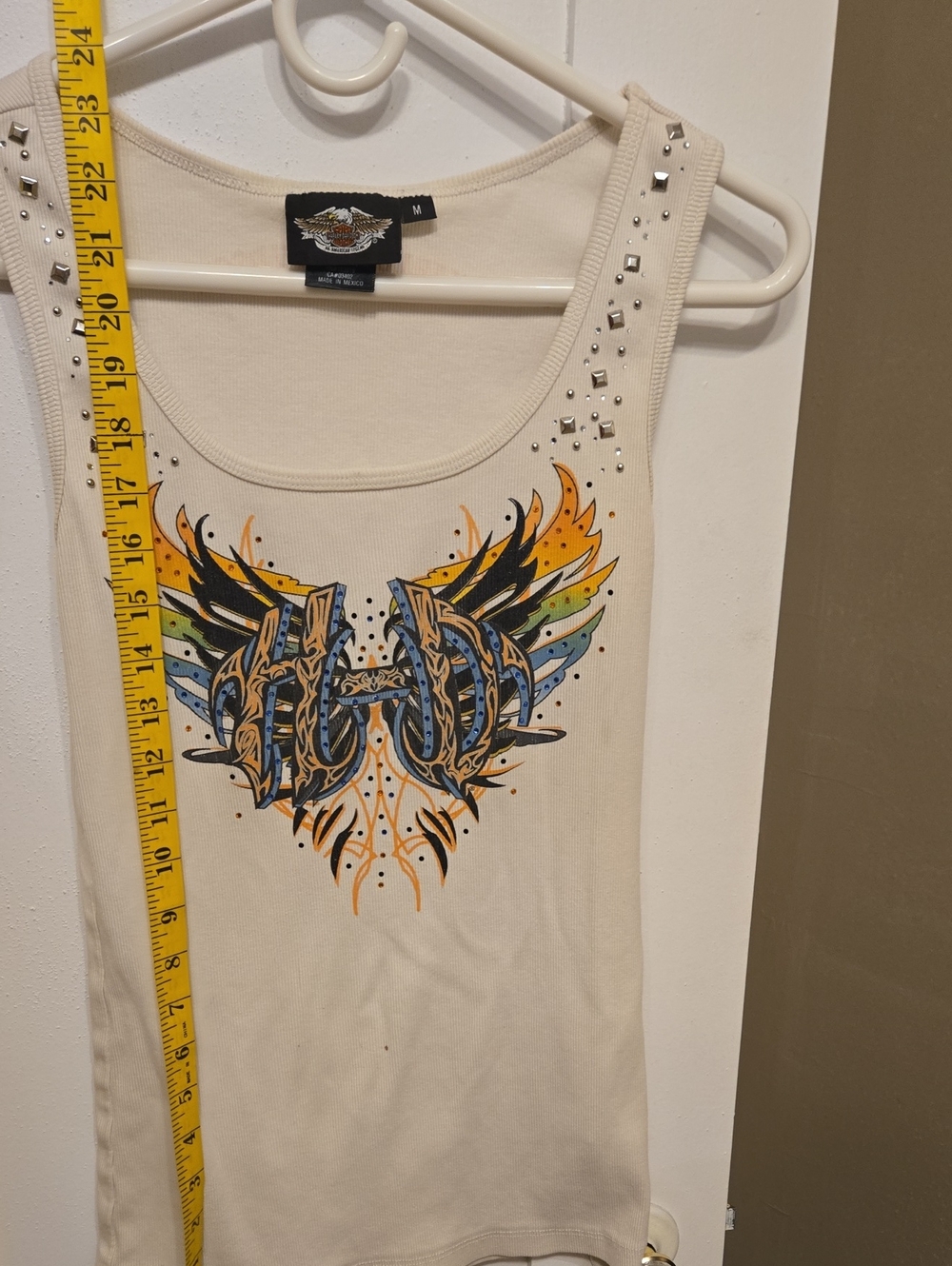 Harley-Davidson Cream Tank Top with Multicolor Wing Graphic and Studs
